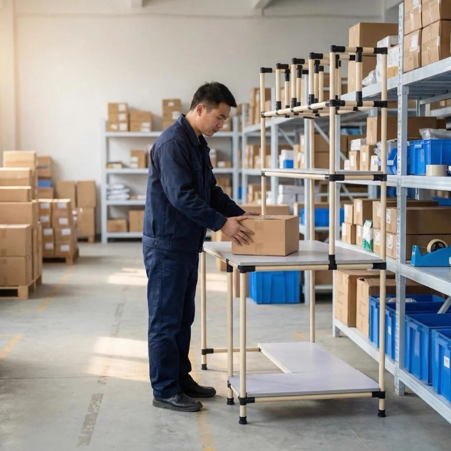Operator packing a carton at a modular bench