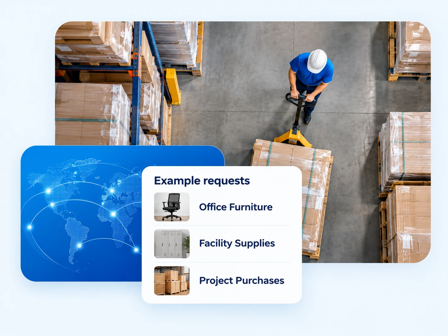 Illustration of sourcing support, with example requests for office furniture, facility supplies, and project purchases