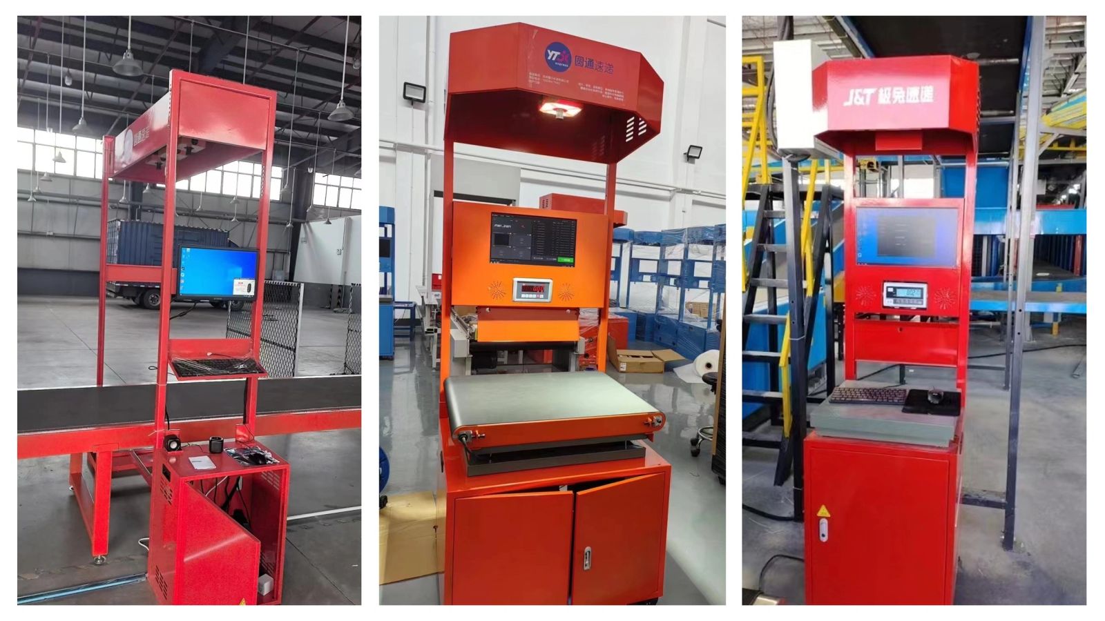 Static DWS stations for courier depots, each with an overhead scan camera, a weighing platform and an operator screen