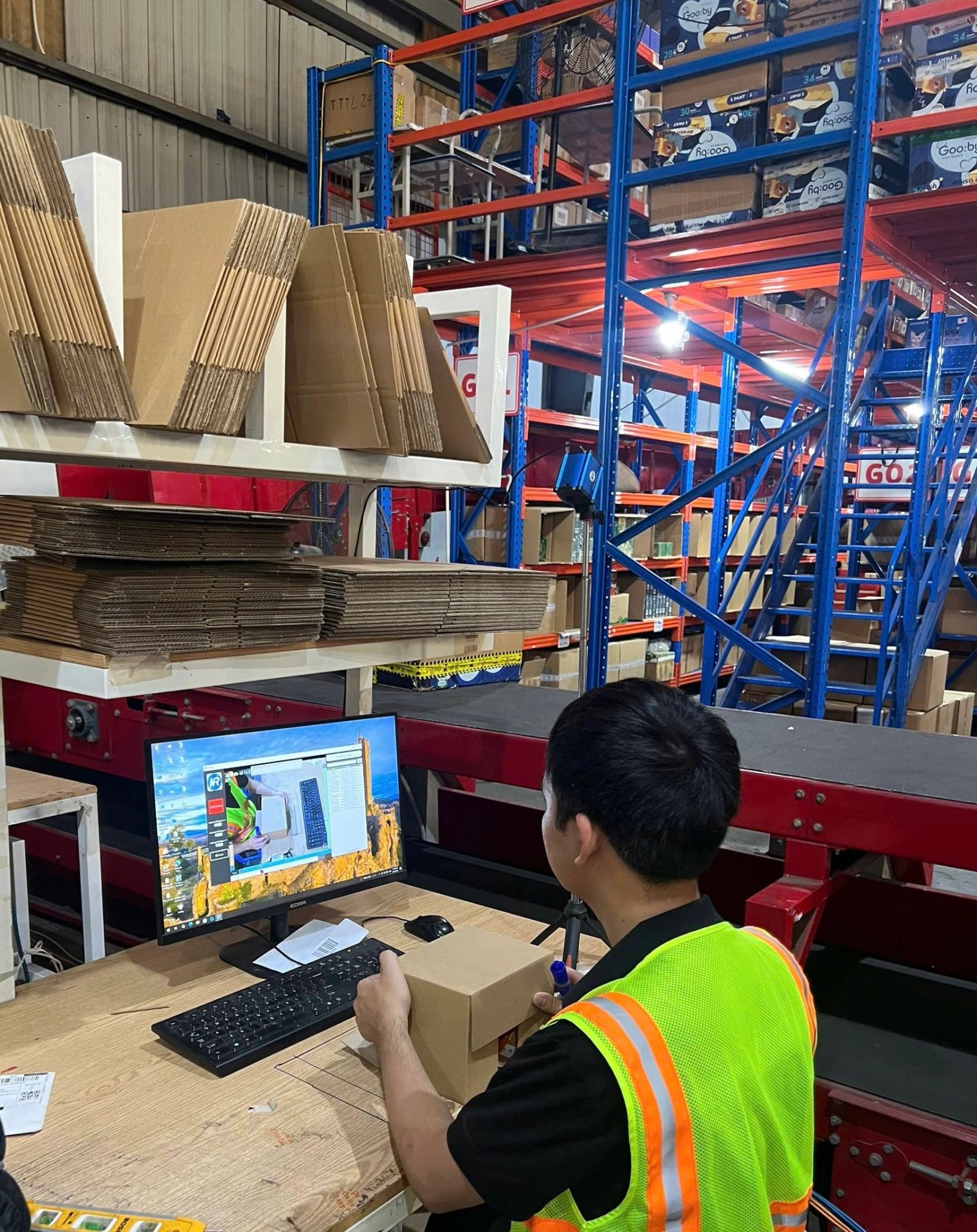 NetRay W8 camera captures the workstation. PackEye software displays the live packing view.